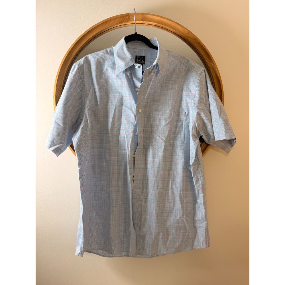Jos. A. Bank Button Down Men L Blue Excellent Plaid Traveler Tailored Fit Shirt
